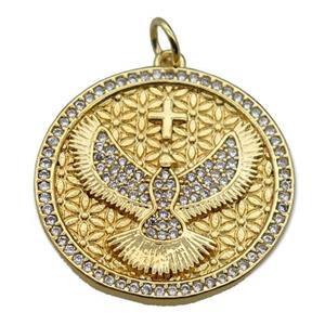 copper circle pendant pave zircon with hawk, gold plated, approx 25mm dia [FN20586]