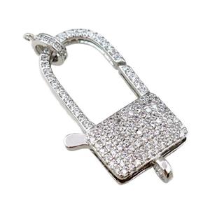 copper Carabiner Clasp paved zircon, lock, platinum plated, approx 20-35mm [FN20594]