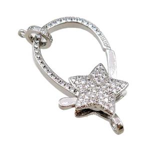 copper Carabiner Clasp paved zircon, star, platinum plated, approx 20-35mm [FN20602]