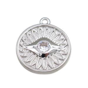 copper circle pendant pave zircon, eye, platinum plated, approx 14mm dia [FN20679]