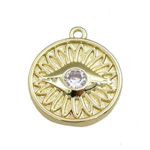 copper circle pendant pave zircon, eye, gold plated, approx 14mm dia [FN20680]