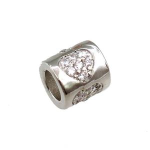 copper tube beads pave zircon, heart, platinum plated, approx 7-8mm, 4mm hole [FN20696]