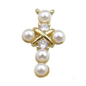 copper cross pendant pave zircon with pearlized plastic, gold plated, approx 11-20mm [FN20713]