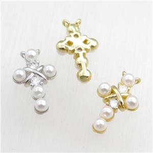 copper cross pendant pave zircon with pearlized plastic, mixed, approx 11-20mm [FN20714]