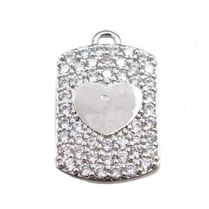 copper rectangle pendant pave zircon, heart, platinum plated, approx 12-16mm [FN20718]