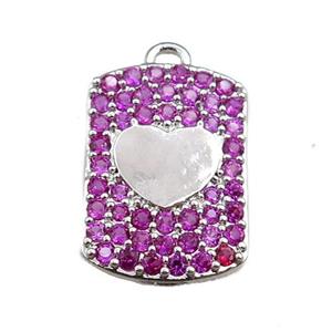 copper rectangle pendant pave hotpink zircon, heart, platinum plated, approx 12-16mm [FN20720]