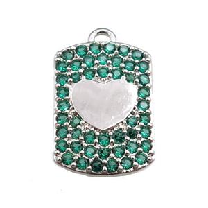copper rectangle pendant pave green zircon, heart, platinum plated, approx 12-16mm [FN20721]
