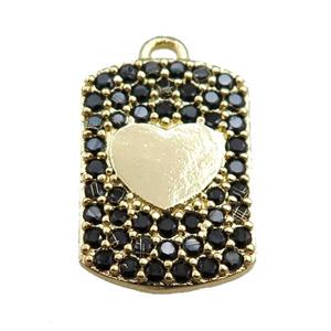 copper rectangle pendant pave black zircon, heart, gold plated, approx 12-16mm [FN20726]