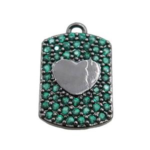 copper rectangle pendant pave green zircon, heart, black plated, approx 12-16mm [FN20729]