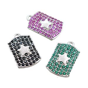 copper rectangle pendant pave zircon, star, mixed, platinum plated, approx 12-16mm [FN20736]