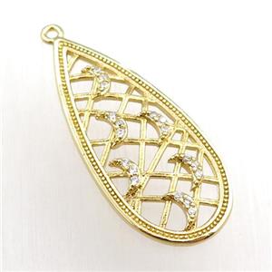 copper teardrop pendant pave zircon, moon, gold plated, approx 15-34mm [FN20751]