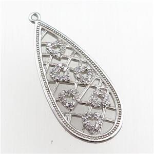 copper teardrop pendant pave zircon, heart, platinum plated, approx 15-34mm [FN20756]