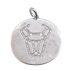 copper Taurus pendant pave zircon, zodiac, platinum plated, approx 28mm dia [FN20759]