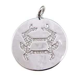 copper circle pendant pave zircon, zodiac Cancer, platinum plated, approx 28mm dia [FN20761]