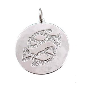 copper circle pendant pave zircon, zodiac Pisces, platinum plated, approx 28mm dia [FN20762]