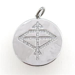 copper circle pendant pave zircon, zodiac Sagittarius, platinum plated, approx 28mm dia [FN20763]