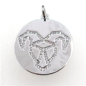 copper circle pendant pave zircon, zodiac Aries, platinum plated, approx 28mm dia [FN20764]