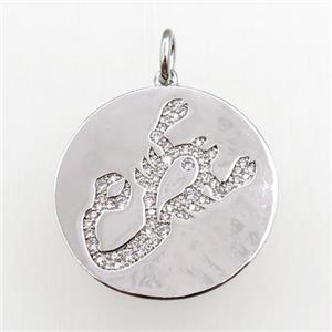 copper circle pendant pave zircon, zodiac Scorpio, platinum plated, approx 28mm dia [FN20766]