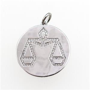 copper circle pendant pave zircon, zodiac Libra, platinum plated, approx 28mm dia [FN20767]
