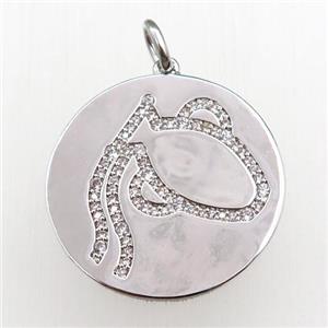 copper circle pendant pave zircon, zodiac Aquarius, platinum plated, approx 28mm dia [FN20768]