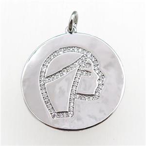 copper circle pendant pave zircon, zodiac Virgo, platinum plated, approx 28mm dia [FN20769]