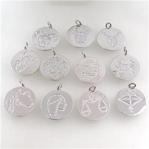 copper circle pendant pave zircon, mixed zodiac, platinum plated, approx 28mm dia [FN20770]