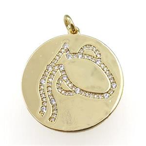 copper circle pendant pave zircon, zodiac Aquarius, gold plated, approx 28mm dia [FN20773]