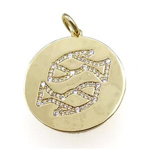 copper circle pendant pave zircon, zodiac Pisces, gold plated, approx 28mm dia [FN20774]