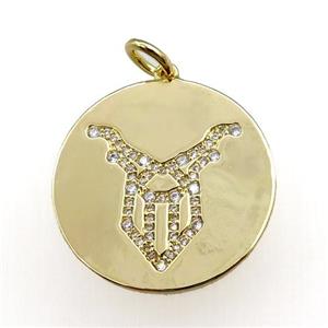 copper circle pendant pave zircon, zodiac Capricorn, gold plated, approx 28mm dia [FN20776]