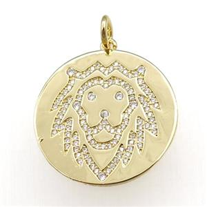 copper circle pendant pave zircon, zodiac Leo, gold plated, approx 28mm dia [FN20777]