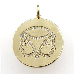 copper circle pendant pave zircon, zodiac Gemini, gold plated, approx 28mm dia [FN20778]