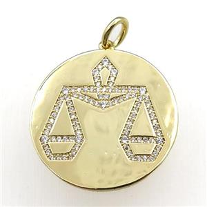 copper circle pendant pave zircon, zodiac Libra, gold plated, approx 28mm dia [FN20779]
