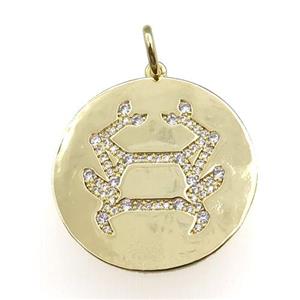 copper circle pendant pave zircon, zodiac Cancer, gold plated, approx 28mm dia [FN20780]