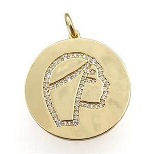 copper circle pendant pave zircon, zodiac Virgo, gold plated, approx 28mm dia [FN20781]