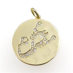 copper circle pendant pave zircon, zodiac Scorpio, gold plated, approx 28mm dia [FN20782]