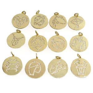 copper circle pendant pave zircon, mixed zodiac, gold plated, approx 28mm dia [FN20783]
