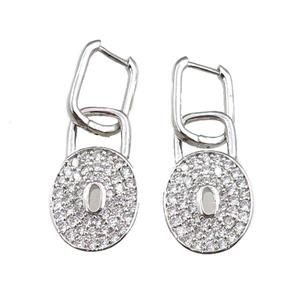 copper Latchback Earrings with lock pave zircon, platinum plated, approx 15-25mm, 12x16mm [FN20784]