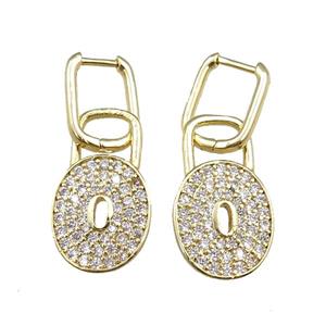 copper Latchback Earrings with lock pave zircon, gold plated, approx 15-25mm, 12x16mm [FN20785]