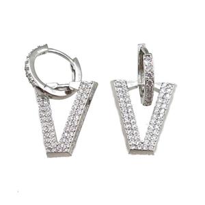 copper Hoop Earrings with V-letter pave zircon, platinum plated, approx 15-18mm, 14mm dia [FN20786]