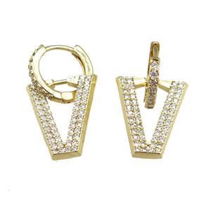 copper Hoop Earrings with V-letter pave zircon, gold plated, approx 15-18mm, 14mm dia [FN20787]