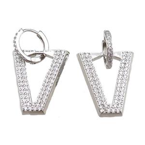 copper Hoop Earrings with V-letter pave zircon, platinum plated, approx 22-25mm, 14mm dia [FN20788]
