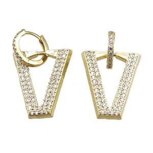 copper Hoop Earrings with V-letter pave zircon, gold plated, approx 22-25mm, 14mm dia [FN20789]