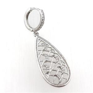copper Hoop Earrings with teardrop pave zircon, platinum plated, approx 15-35mm, 14mm dia [FN20790]