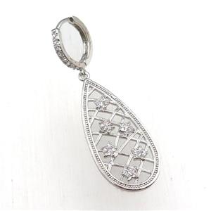 copper Hoop Earrings with teardrop pave zircon, platinum plated, approx 15-35mm, 14mm dia [FN20791]