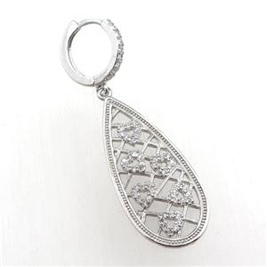 copper Hoop Earrings with teardrop pave zircon, platinum plated, approx 15-35mm, 14mm dia [FN20792]