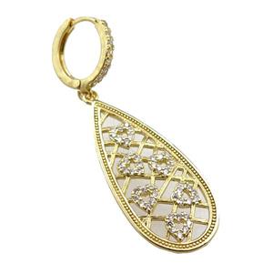 copper Hoop Earrings with teardrop pave zircon, gold plated, approx 15-35mm, 14mm dia [FN20794]
