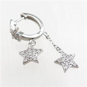 copper Latchback Earrings with star pave zircon, platinum plated, approx 10mm, 16mm dia [FN20802]