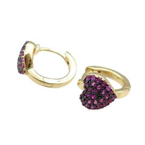 copper Hoop Earrings with heart pave zircon, gold plated, approx 15mm [FN20820]