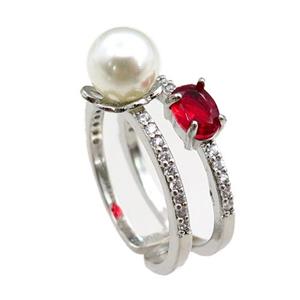 copper Rings paved zircon with pearlized plastic, adjustable, platinum plated, approx 20mm dia [FN20881]