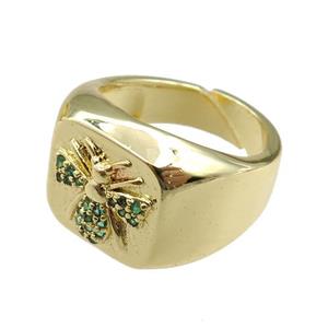copper Rings paved zircon with honeybee, adjustable, gold plated, approx 14mm, 20mm dia [FN20946]